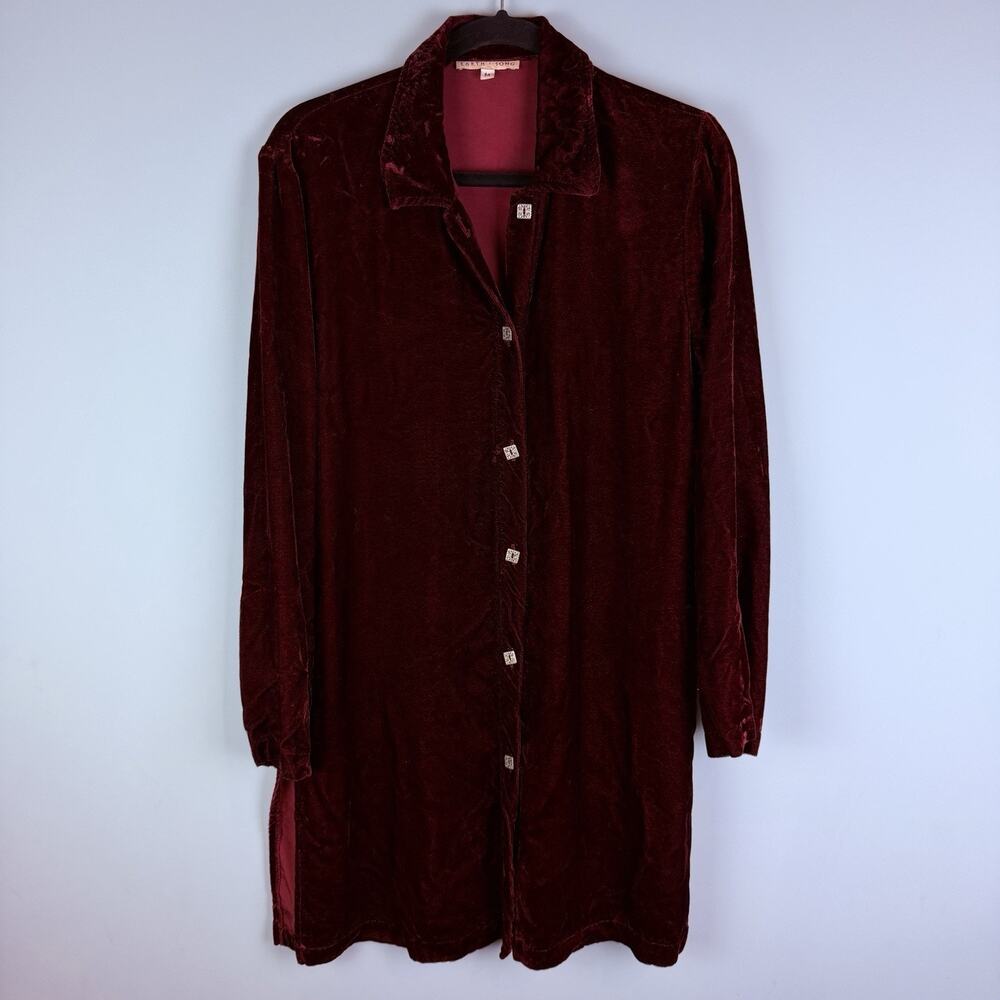 Earth Song Red Burgundy Velvet Tunic Top Medium Button Front Collared Vintage